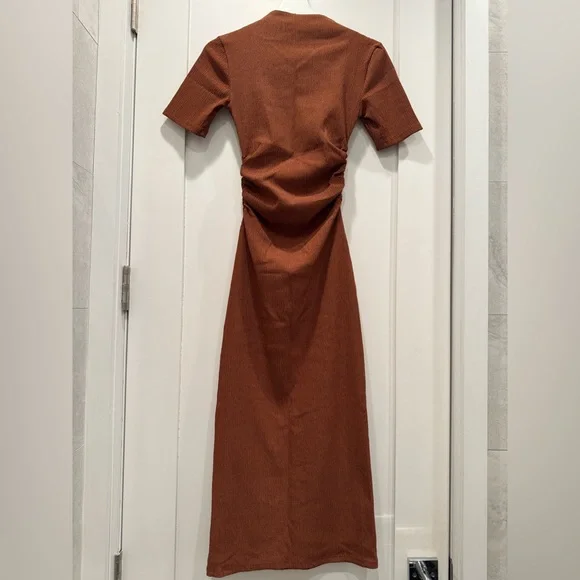 ZARA Rust Textured Midi Dress | Ruched Waist - Picture 2 of 4